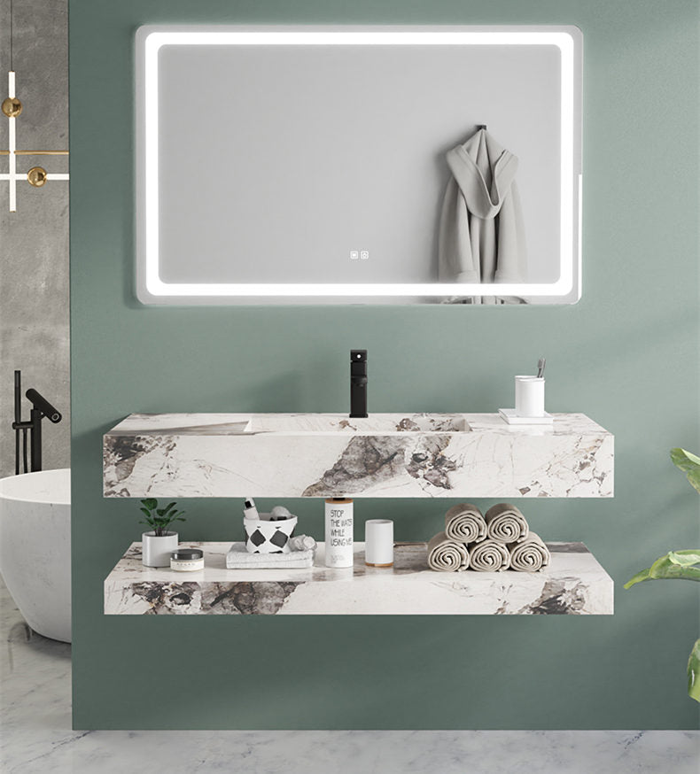 Modern New Sintered Stone Wall Mounted Light Mirrored Cabinets Bathroom Vanity Wash basin Sink Set