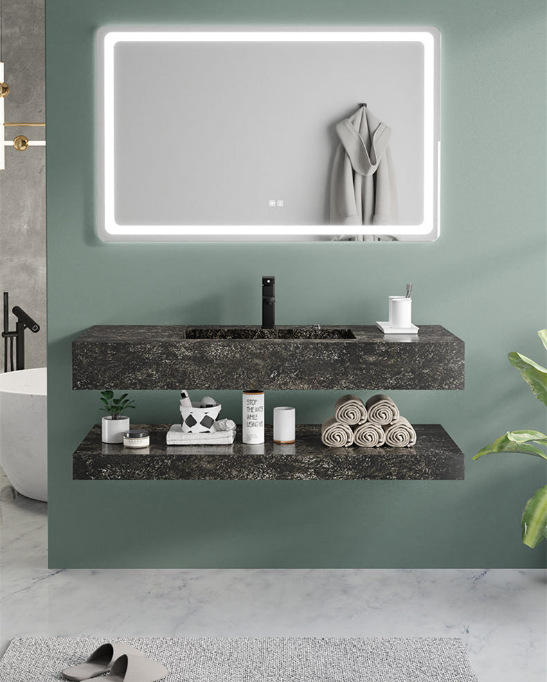 Modern New Sintered Stone Wall Mounted Light Mirrored Cabinets Bathroom Vanity Wash basin Sink Set