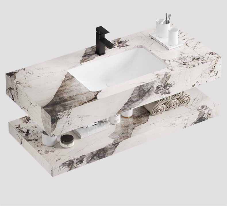 Modern New Sintered Stone Wall Mounted Light Mirrored Cabinets Bathroom Vanity Wash basin Sink Set